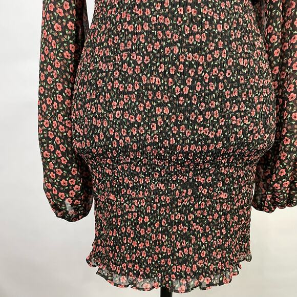 C/MEO Collective | Longevity Black Floral Sheer Smocked Long Sleeve Mini Dress - Picture 8 of 12